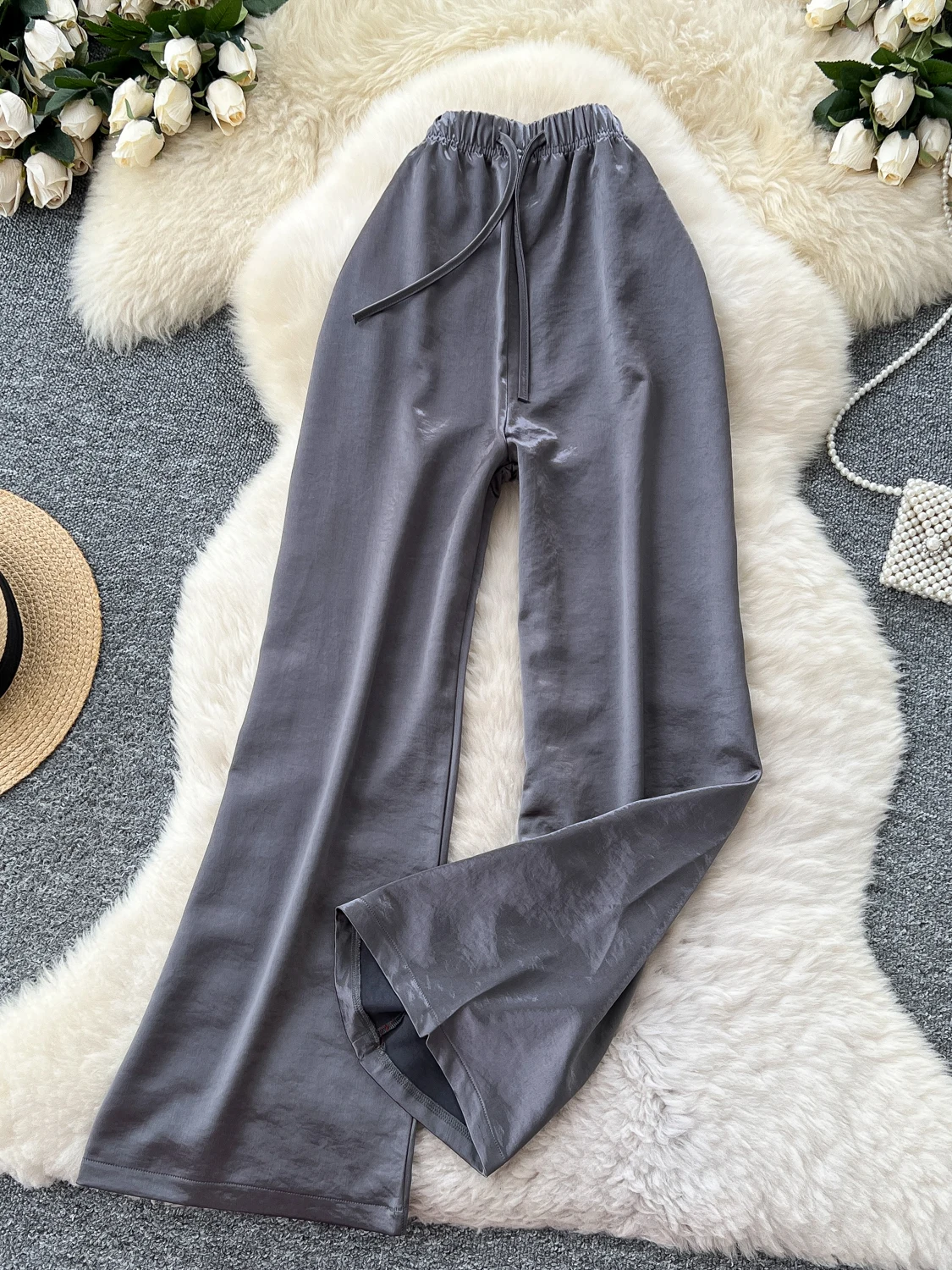 Pantaloni a gamba larga a vita alta da donna casual in raso dritto vestibilità ampia estate pigro Sle versatile dimagrante elastico in vita allentato St...