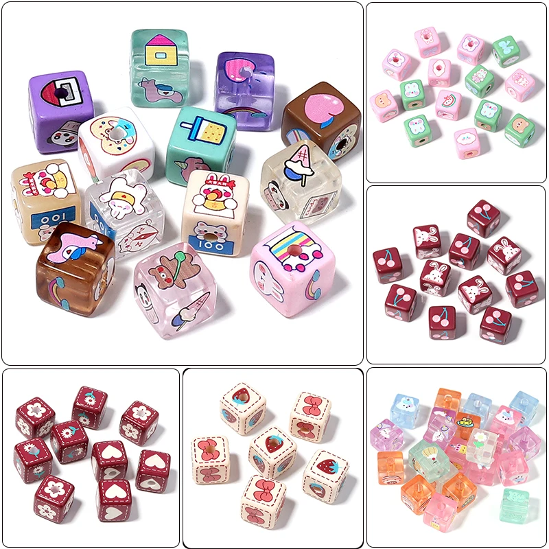 10Pcs/Lot Acrylic Square Beads For Jewelry Making Cartoon Pattern Big Hole Spacer Bead Bracelets Pendants Diy Charm Supplies