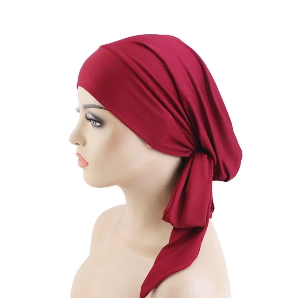 Ethnic Style Muslim Hijab Underscarf Cap Women Cancer Chemo Caps Ribbon Headscarf Hat Elastic Pre-Tied Scarf Sleep Hair Cover