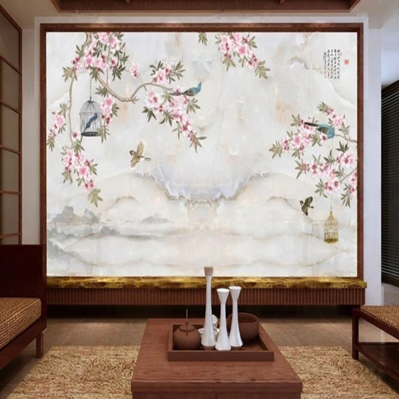 New Chinese-Style Plant And Flower Marble TV Background Wall Design For The Living Room Featuring Traditional Chinese Paintings