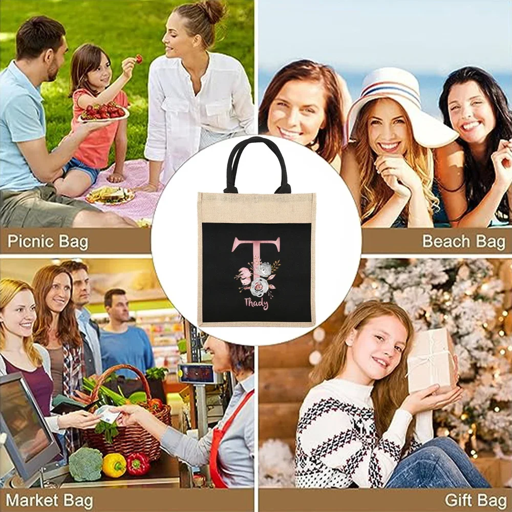 Customizable Women's Shopping Bag Reusable Linen Handbag Pink Letter Pattern Series Grocery Shopping Bag