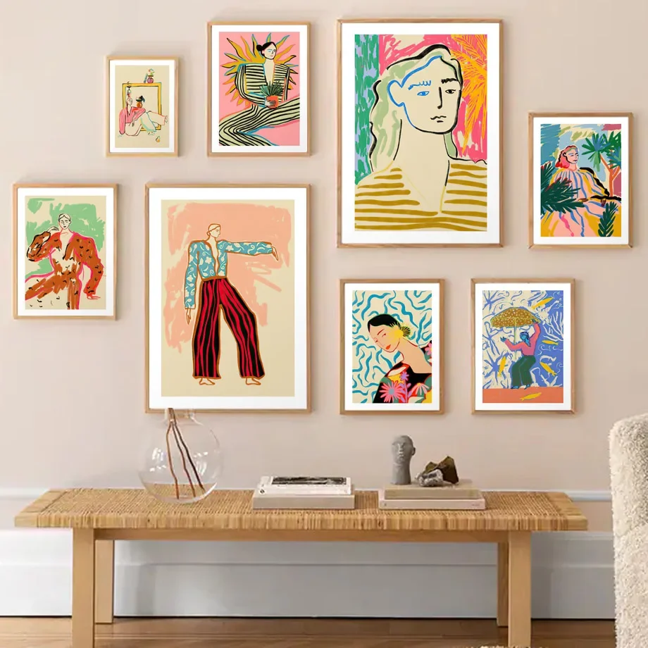 Nordic Abstract Wall Art Canvas Painting Dance Girl with Striped Clothes Lines Poster Print for Living Room Decor