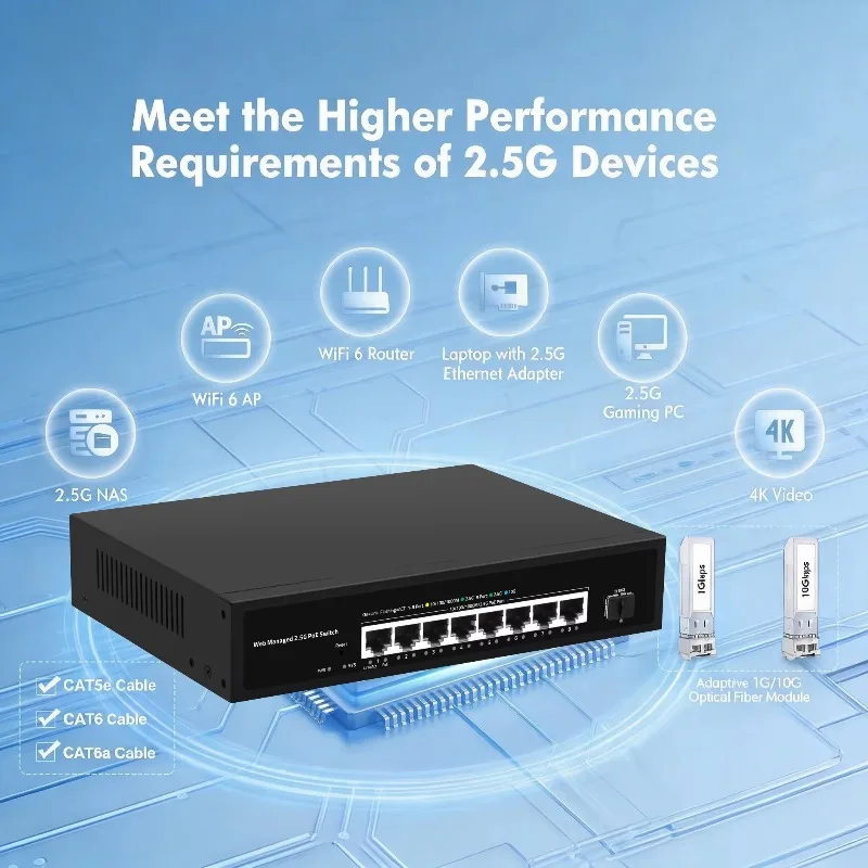 9-Port Multi-Gigabit POE LAN Switch with 8-Port POE 2.5Gb Ethernet 1-Port 10G SFP 100m Network Switches with VLAN Function