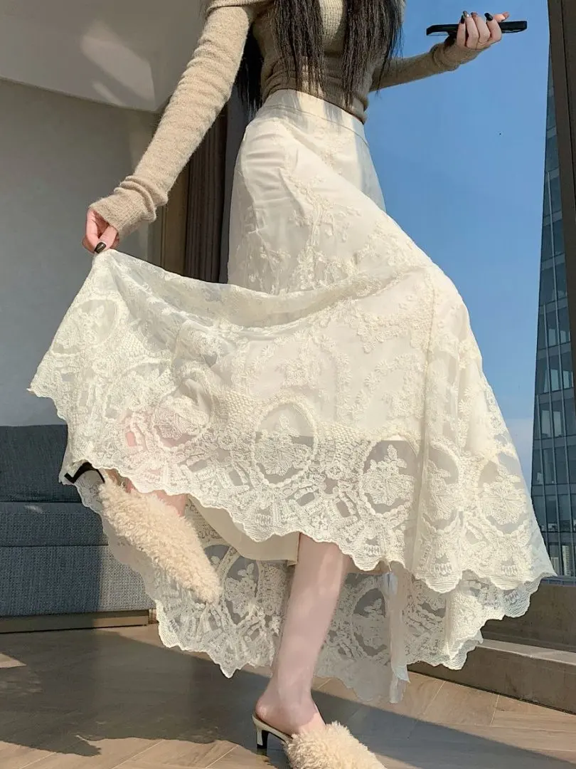 

Ele High Waist Lace Insert f Skirt Women's Autumn Winter New Sle Gentle Wind Hook Flower Lace Splicing Inner ...