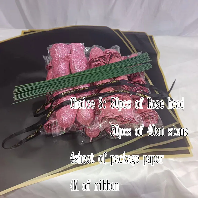 Valentine DIY Bouquet set 50pcs 7cm Valentine Rose head Glitter artificial flower roses Eternal love black gold lover\'s gift