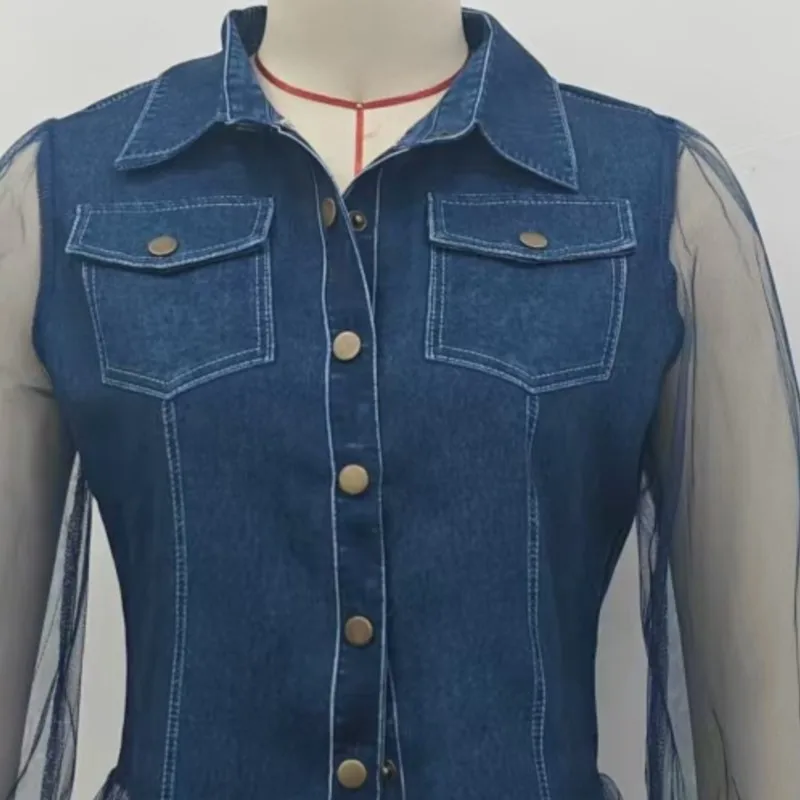 New Womens Blouses Spring Fall Casual Loose Imitation Denim Patchwork Top Lapel Long Sleeves Blue Shirt For Women Office Clothes view 6