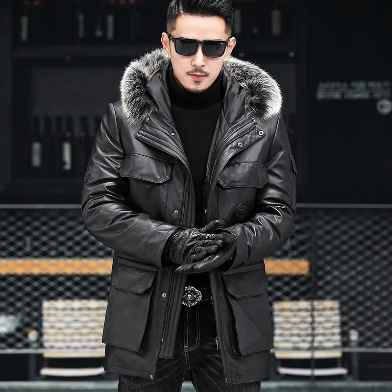 

Men's winter hooded genuine leather thick leather jacket/coat/down coat/mid-length leather coat