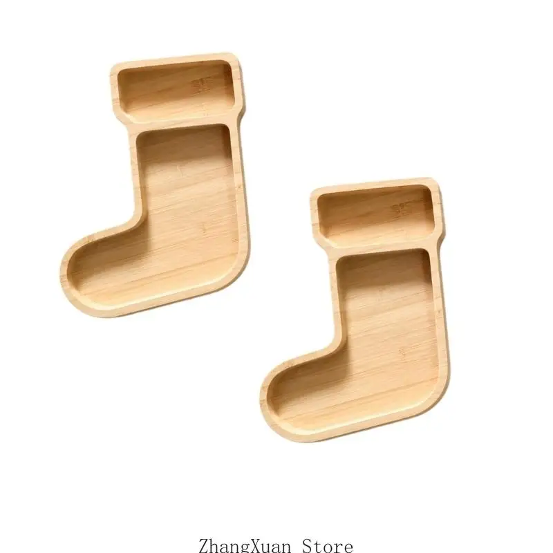 Christmas Stocking-Shape Bamboos Serving Tray Set with Separate Snacks Sections 3XUF