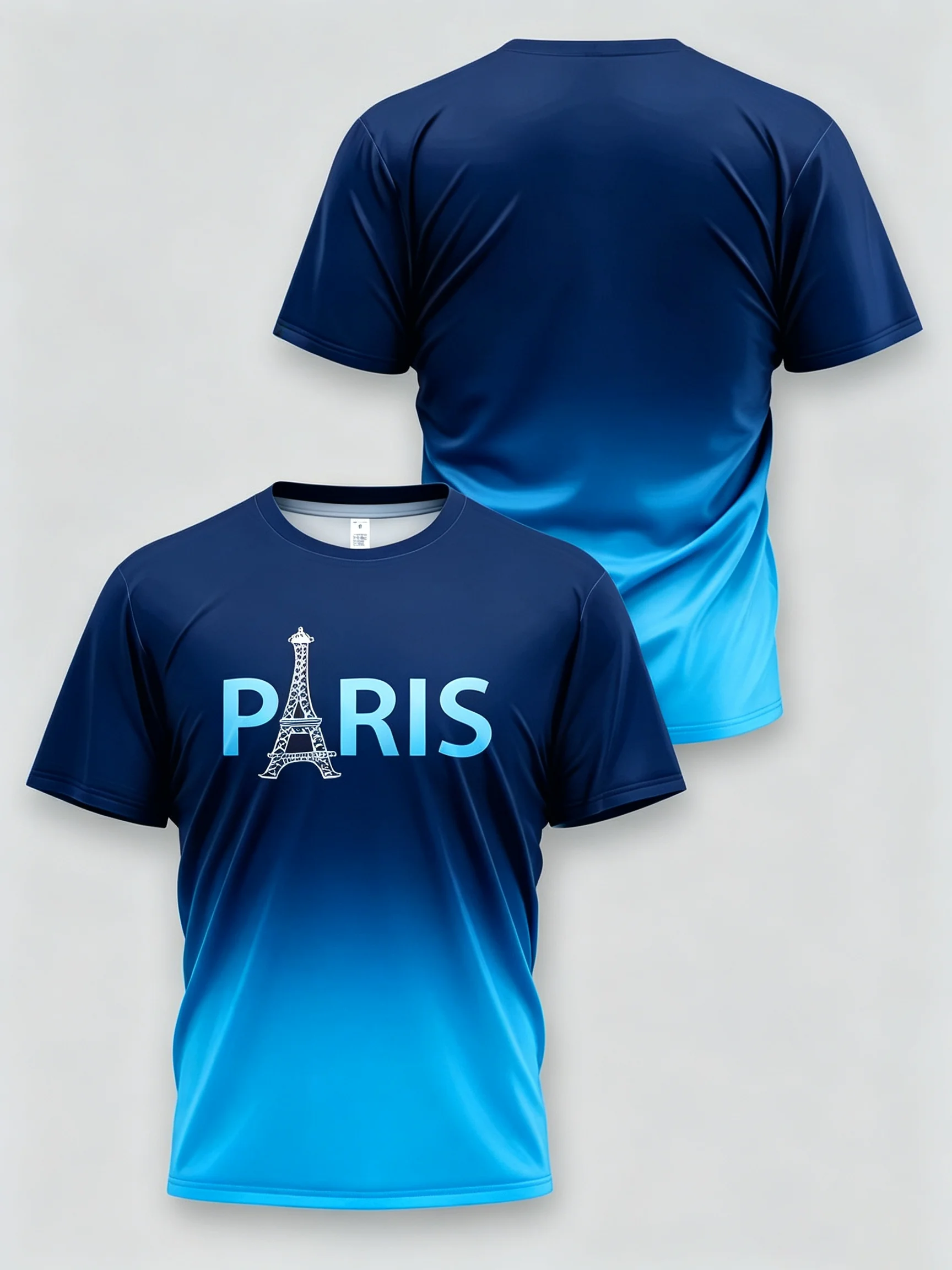 Men’s Paris City Print Short Sleeve T-Shirt Regular Fit Gradient Crew Neck Shirt for Casual Street Daily Wear Top