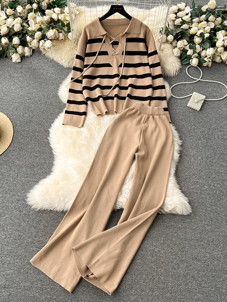 Croysier Pants Sets 2023 Tie Lapel Loose Striped Pullover And High Waist Trousers Set Women Casual Sweater Knit Two Piece Set