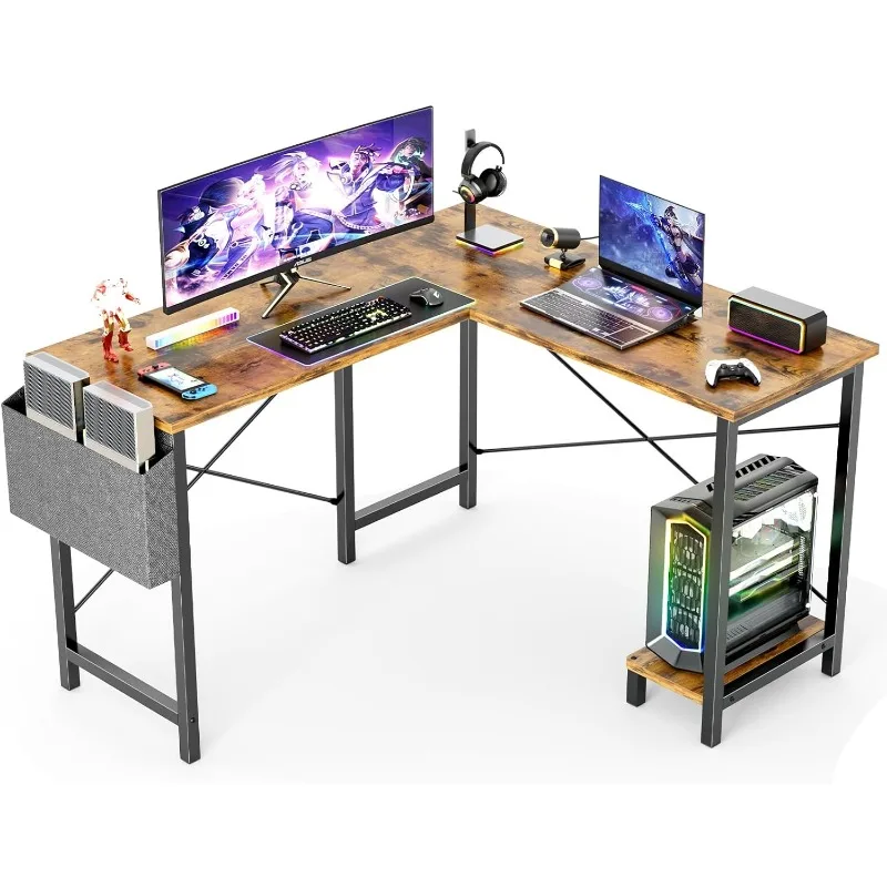 L Shaped Computer Desk Wood Corner PC Gaming Table with Side Storage Bag for Home Office Small Spaces, Black