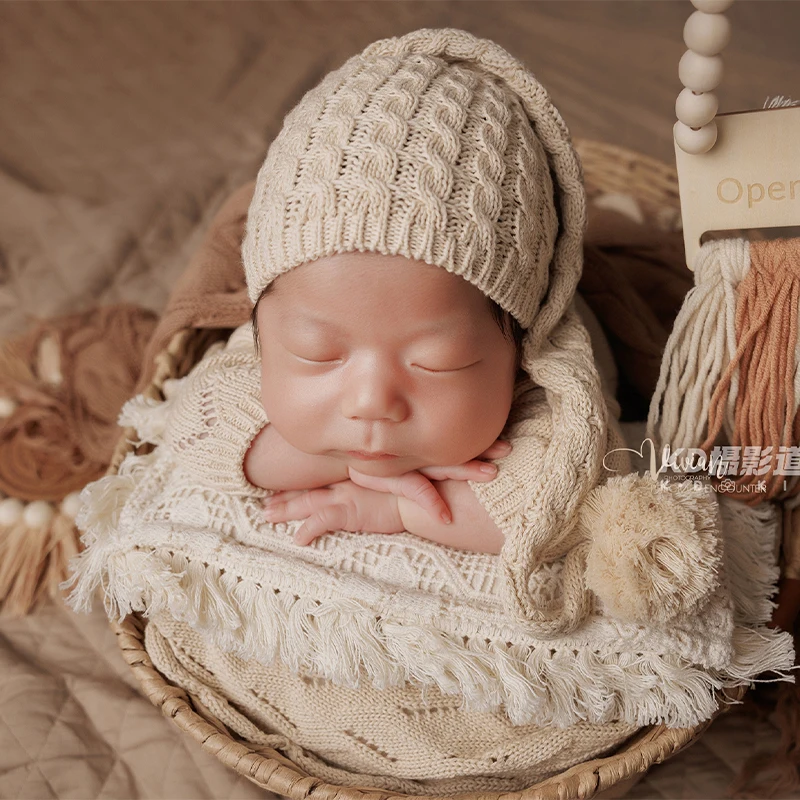 Pakaian Fotografi Bayi Baru Lahir Tema Musim Dingin Hangat Pakaian Rajutan dengan Topi Yang Cocok Alat Peraga Fotografi Boneka Beruang Buatan Tangan Gaya Ins