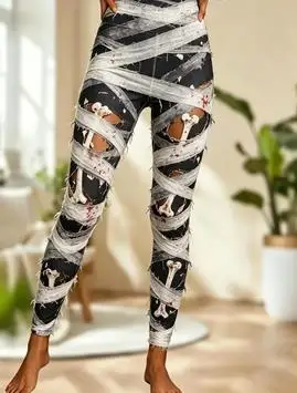 Women Mid‑Rise Fleece Lined Leggings Halloween Mummy Bandage Print Slim Stretch Thermal Pants - view 3