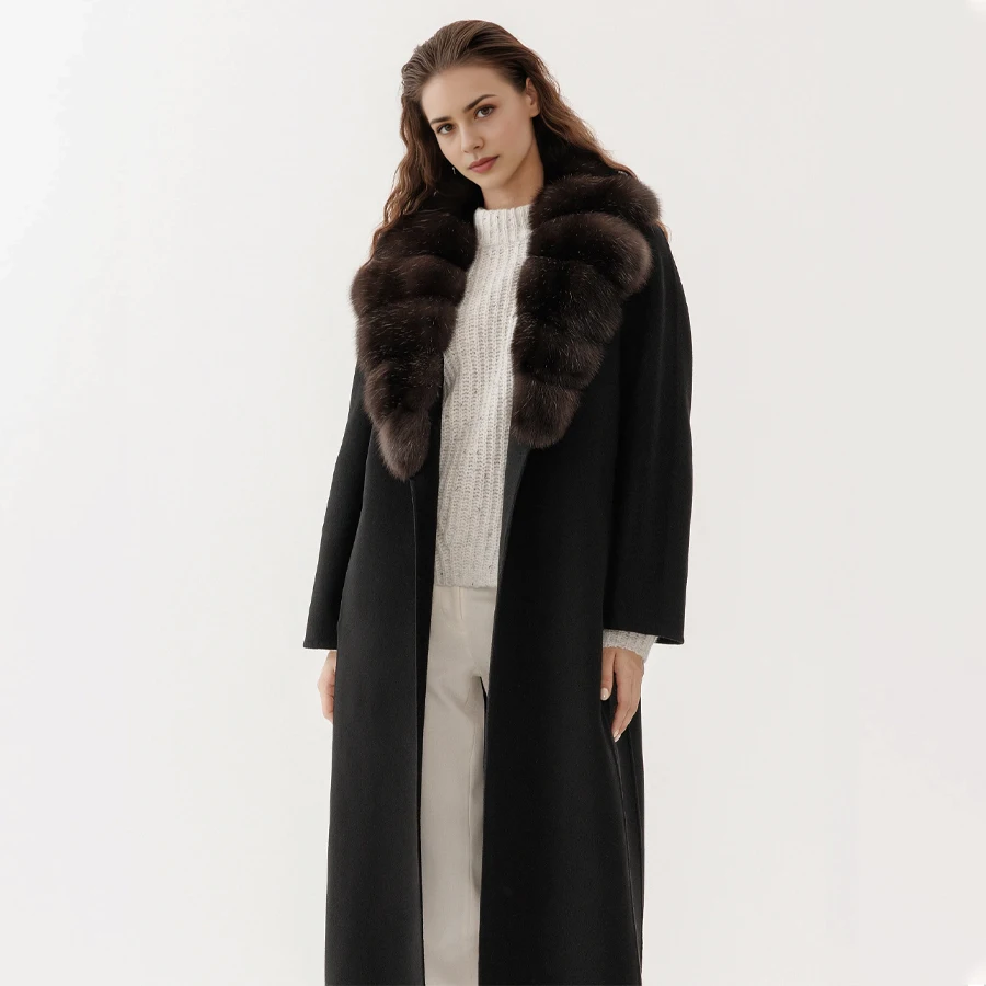 Lange wollen jas met vossenbontafwerking Dameswinterjas Echt vossenbont Overjas Luxe wollen jassen voor dames