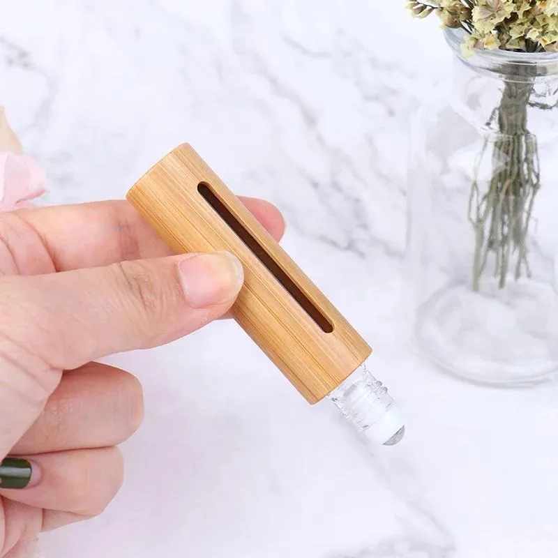 Portable 10ml Empty Roller Ball Bottle Case Holder Refillable Perfume Aroma Bottle Container Bamboo Shell