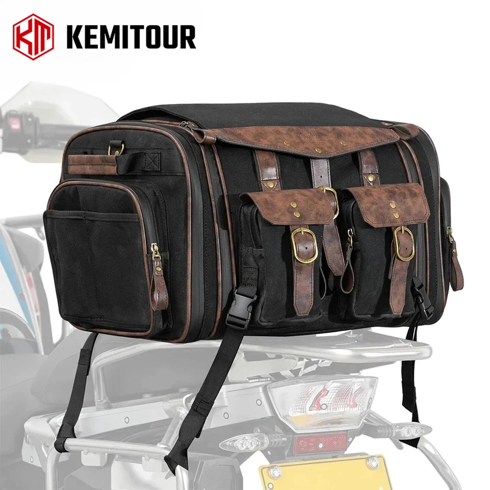 

Motorcycle Retro Tail Bag Waxed Canvas Outdoor Travel Luggage Tail Bag 60L Expandable Rear Seat Bag Trunk Motorcycle Accessories