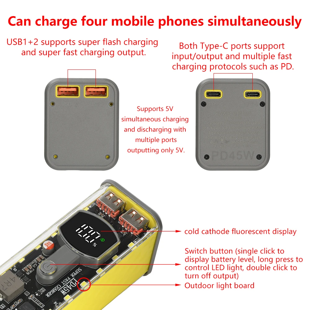 PD 45W Superschnelles Laden Transparente Wiederaufladbare Hülle Ohne Schweißverbindungen 8 Stück 18650 Batteriegehäuse Mit Außenbeleuchtung – Detail 6