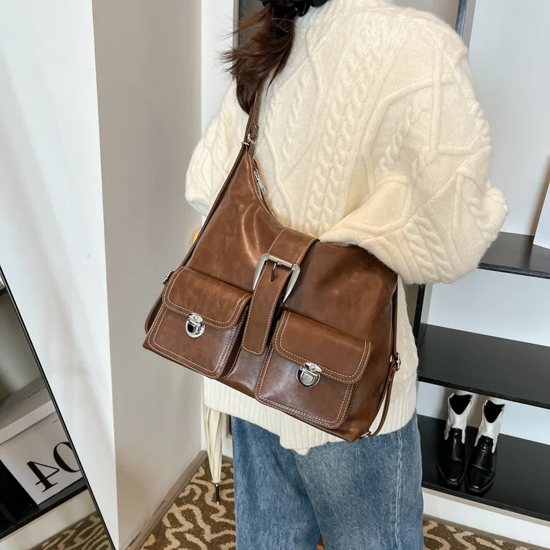 

Korean Retro Solid Color Leather Tote Bag for Women Large Capacity Underarm Bag Ladies Fashion Multi-Functional Backpack 2025