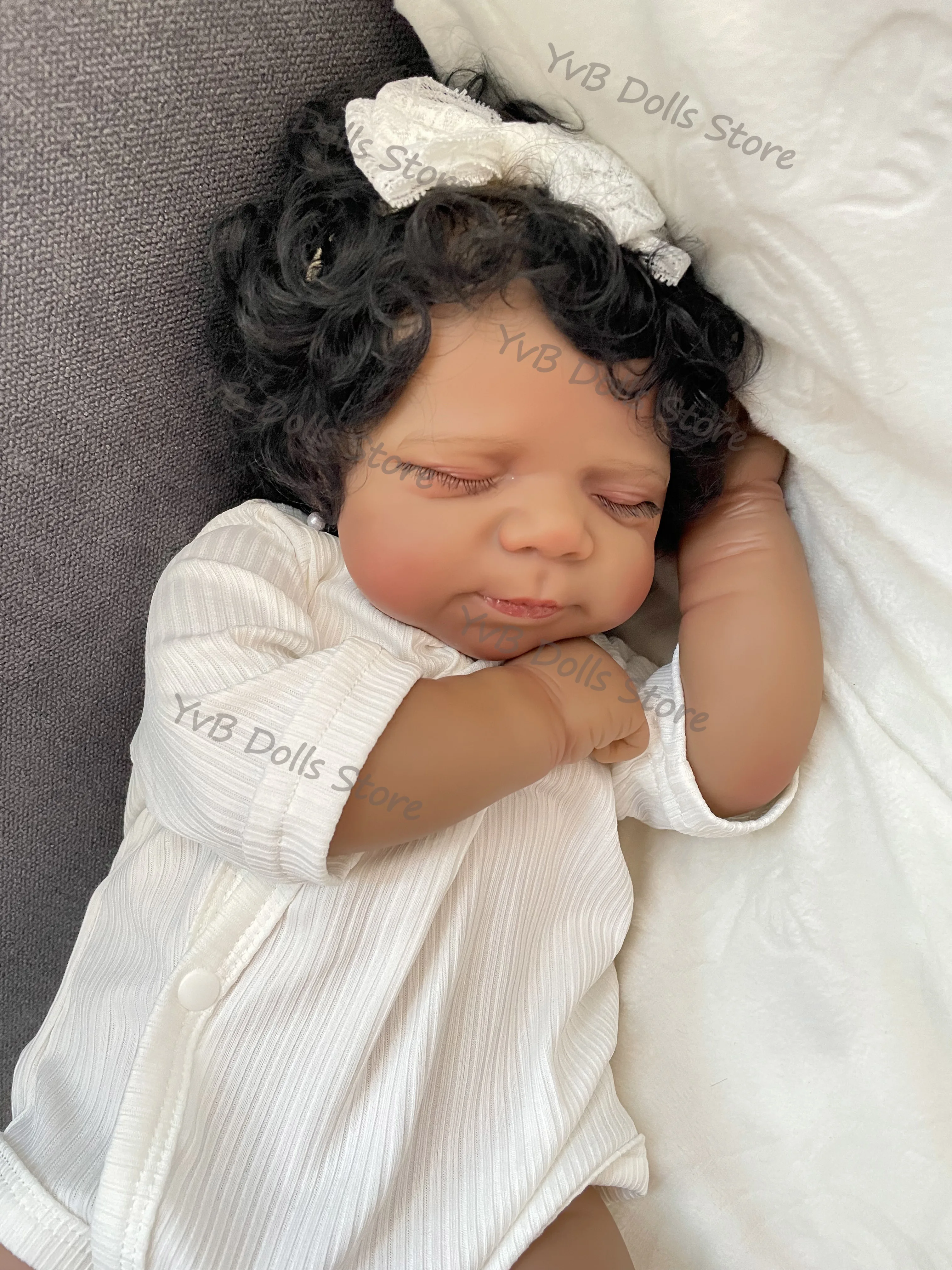 19inch Pascale Dark Skin Soft Cloth Body Reborn Sleeping Baby Doll Multiple Layers Painting 3D Skin with Hand-Rooted Hair