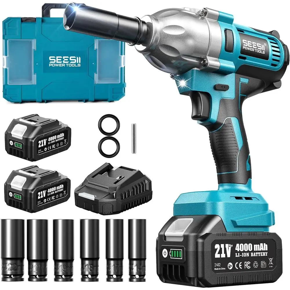 

21V 4.0Ah Dual Battery 1/2 Electric Impact Wrench with High Torque, 900N.m, 3300IPM, 6 Sockets & Case
