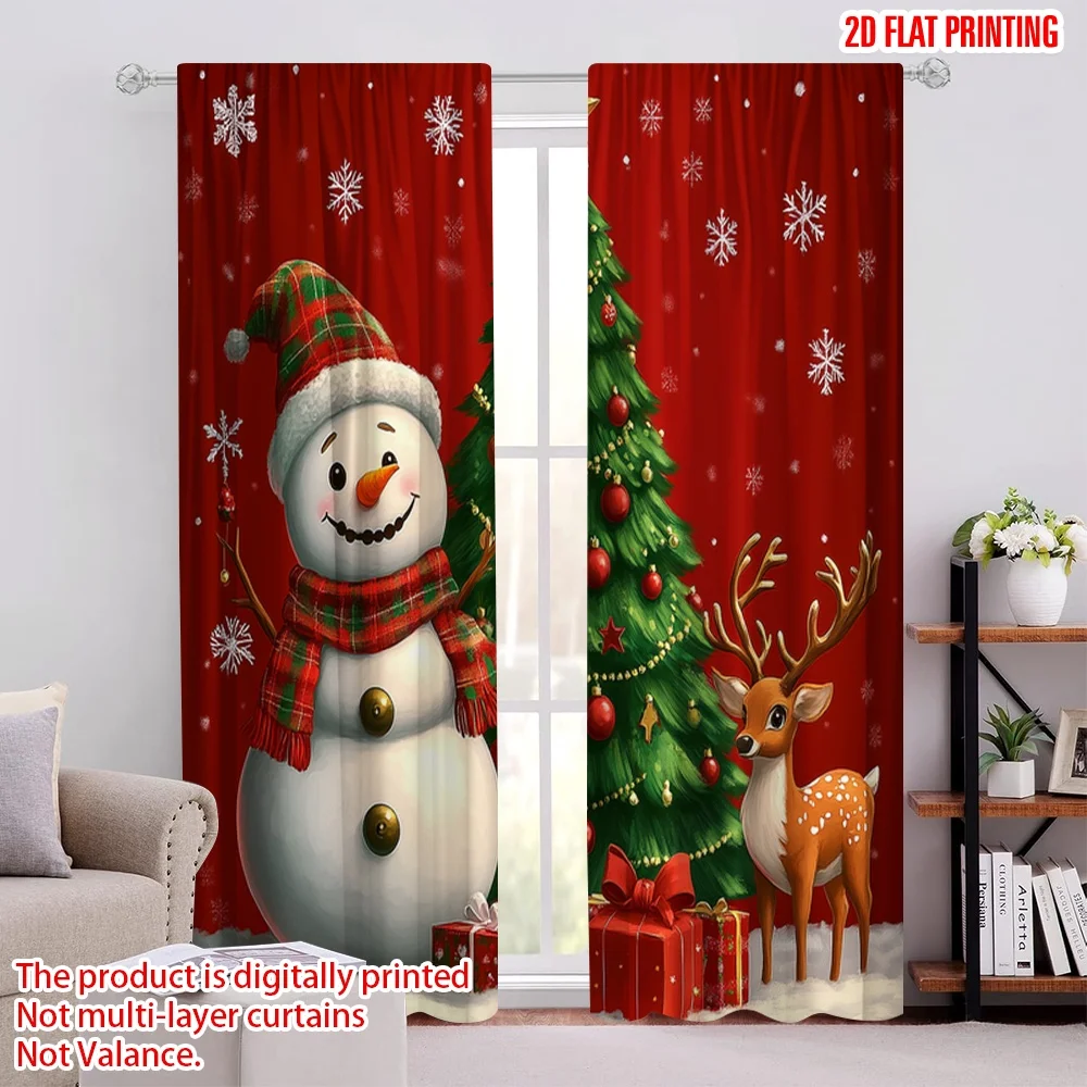 2pcs,2D plane printing Light Filtering Curtains Christmas Tree Snowman Deer Holiday Versatile Durable Polyester (without rod)