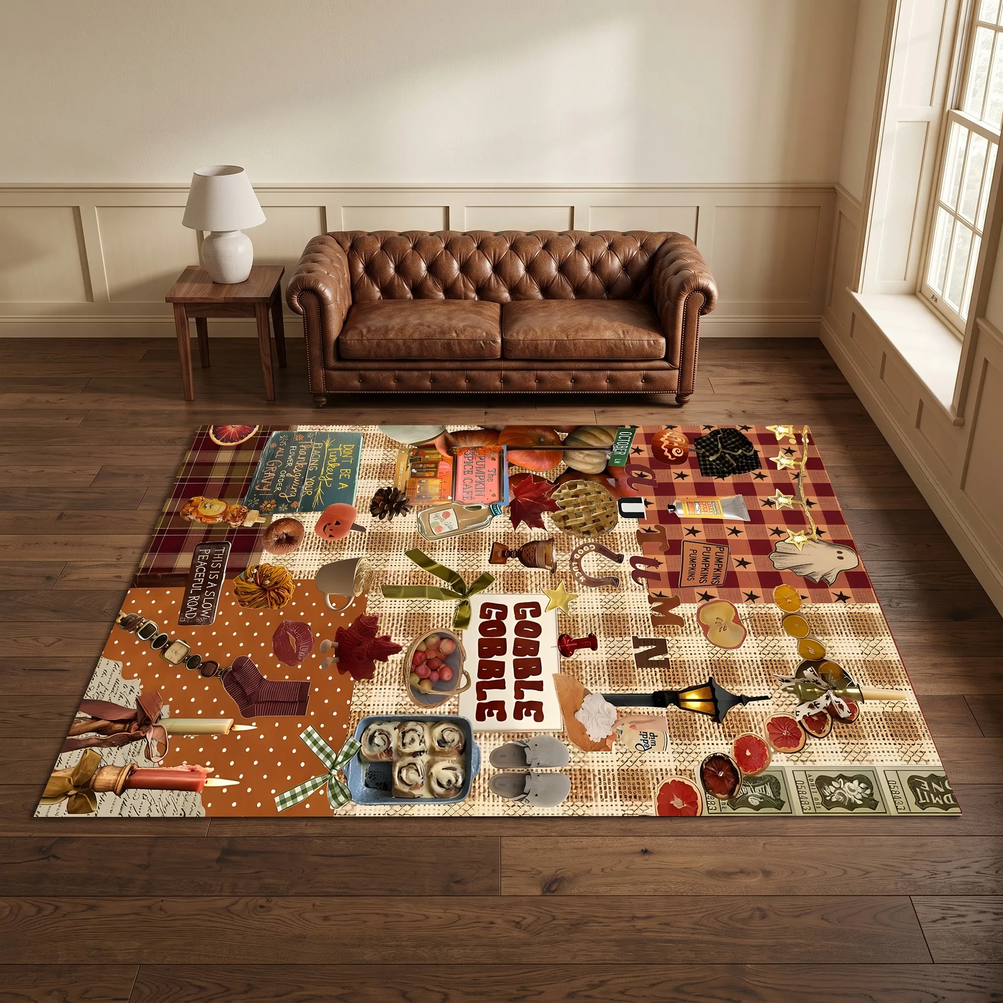 Pumpkin and Maple Leaf Collage with Gobble Gobble Slogan American Retro Thanksgiving Velvet Rug for Living Room and Bedroom