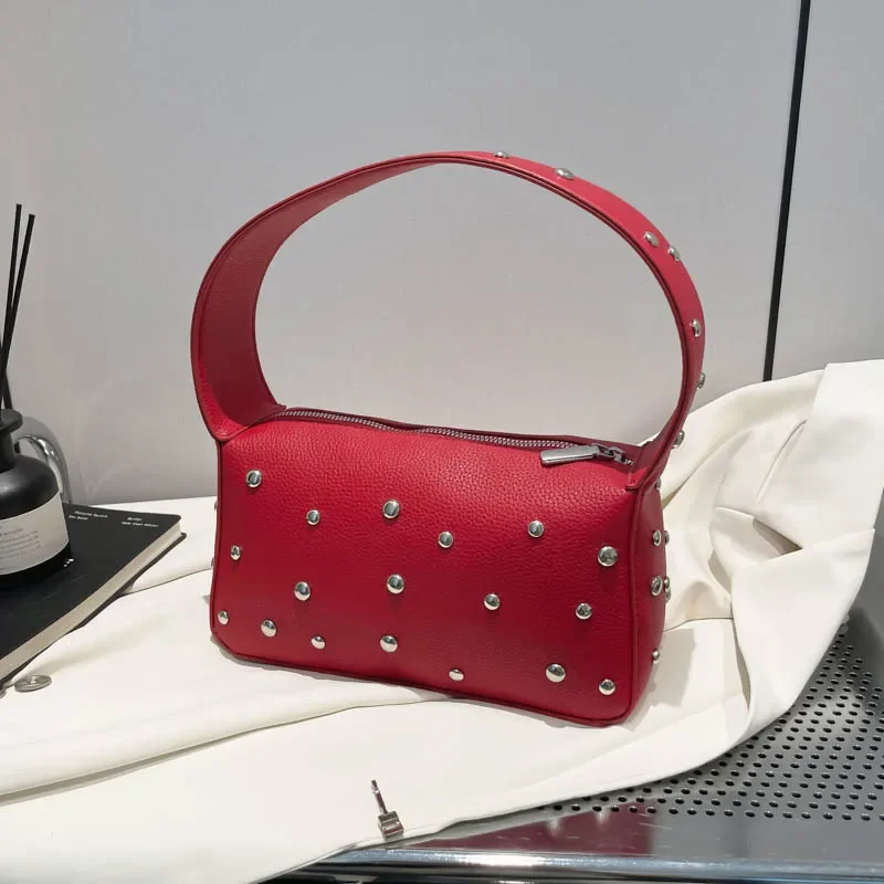 

French Style Underarm Handbag And Purse Black Brown Bag For Women Moto Style Rivet Shoulder Bag Women Chain Clutch Bag Tote