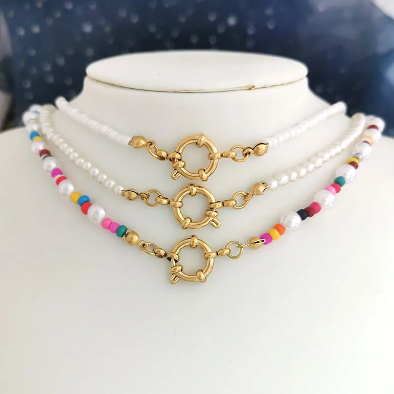 QMHJE Boho Imitation Pearl Necklace Women Choker Stainless Steel Clasp Sailor Buckle DIY Base Chain Beach Gold Color Wholesale