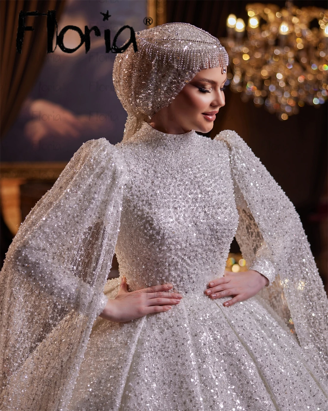 

African White Crystals Wedding Dress With Long Cape Sleeve Arabic Luxury Beaded Bridal Gowns Formal Prom Gowns Customized