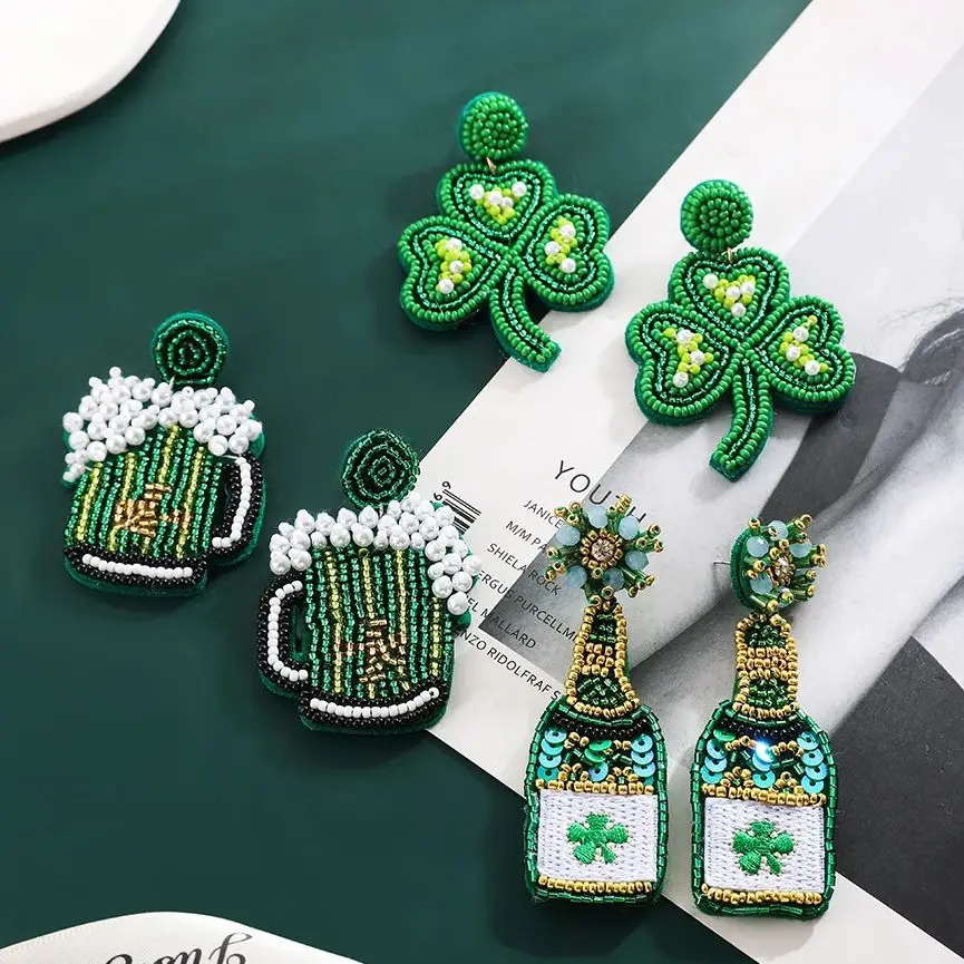 Handmade Lucky Heart Shamrock Beer Beaded Drop Dangle Earrings for Women Green Party Ear Piercing St Patrick's Day Jewelry Decor