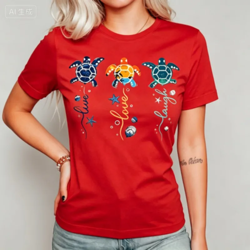 Vintage Sea Turtle Graphic T Shirt Women Live Love Laugh Letter Print Tee Harajuku Summer Beach Coastal Animal Short Sleeve Top