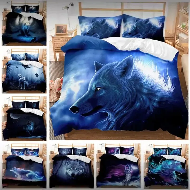 

Wolf Bedding Sets,3D Galaxy Wolf Blue Moonlight Queen Full Twin King Size 3 Pieces Duvet Cover,Teens Quilt Cover Comforter Cover