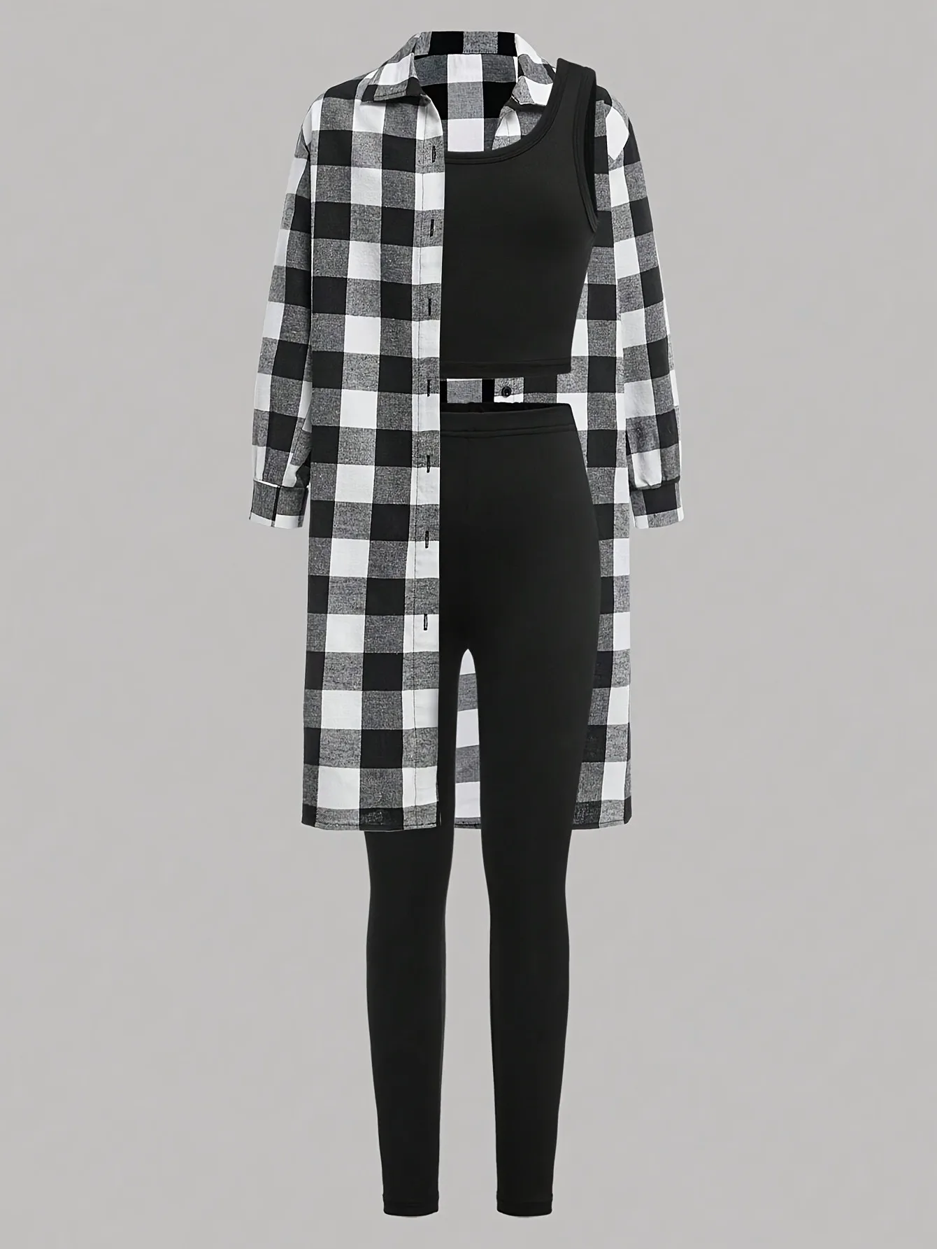 Comfy Kids Girls 3-Piece Set, Soft Breathable Plaid Shirt + Tank Top & Leggings for All-Day Play & Outdoor Activities