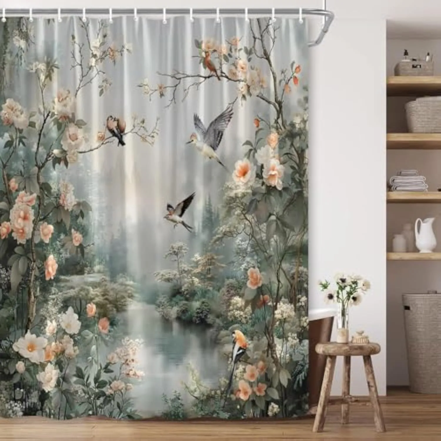 Vintage Floral Birds Shower Curtain Asian Style Vibrant Flower Botanical Trees Branch Peony Misty Forest Natural Wonderland