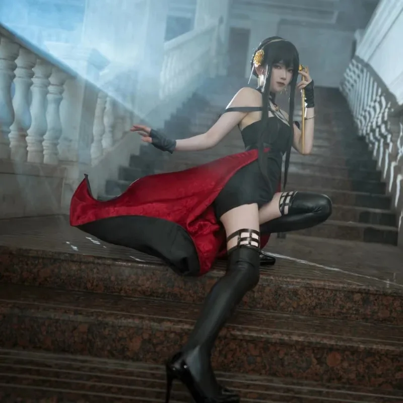 SPY×FAMILY Yor Forger, аниме, карнавальный костюм, черное женское платье, парик, серьги, полный комплект, наряды для вечеринок на Хэллоуин