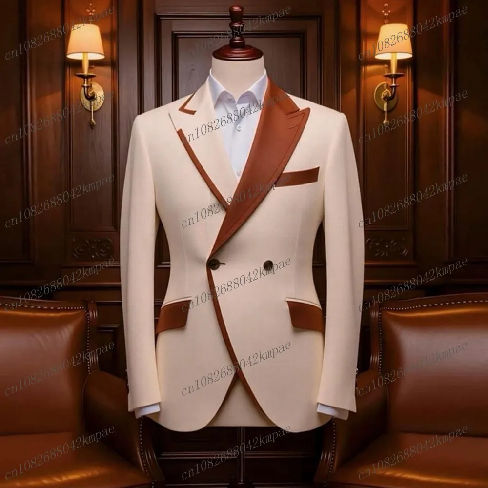 

New Beige And Brown Men Formal Tuxedos Groom Groomsman Wedding Party Prom Male Business Suit 2 Piece Set Blazer Pants