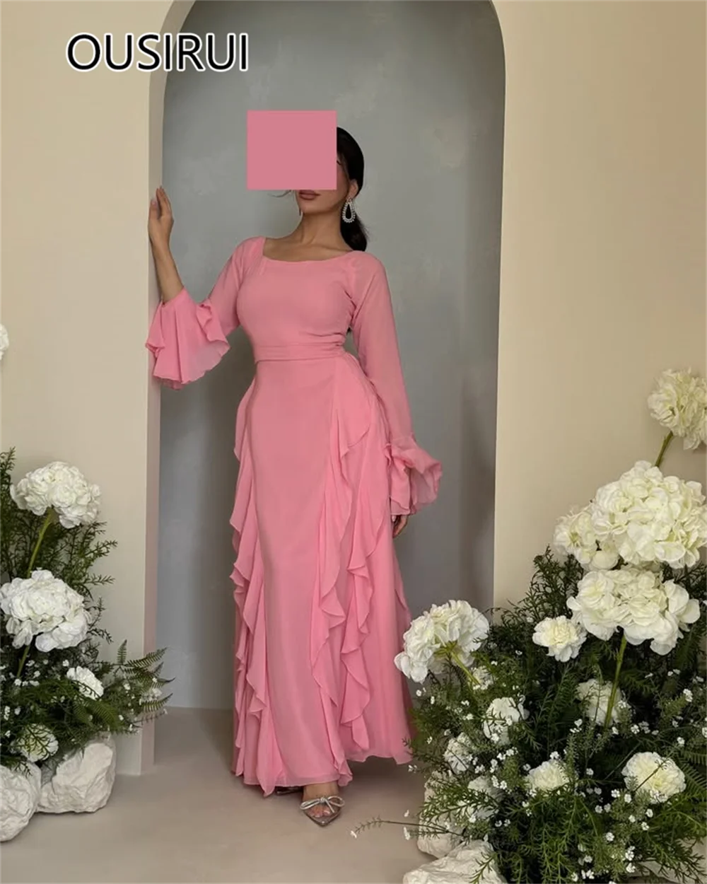 O-neck Satin Ruffles Sexy Sheath Evening Saudi Arab Dress Floor-Length Backless Evening Bridal Gown with Long Sleeve Custom Made