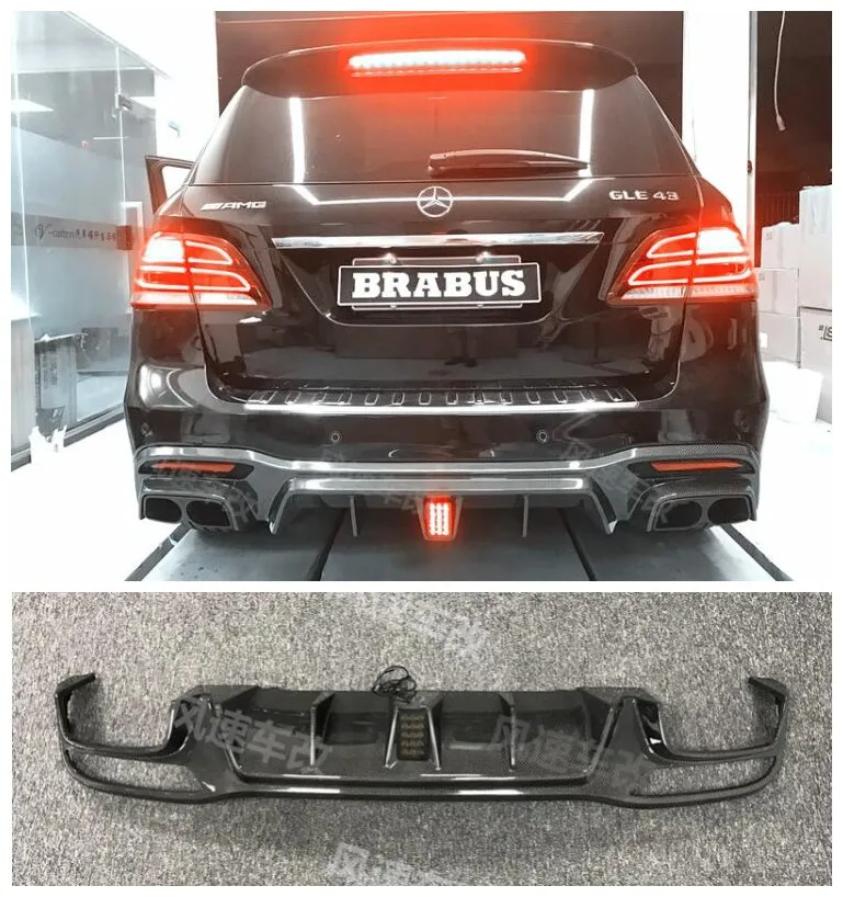 

For Mercedes GLE43 2015-2018（With Lamp）Real Carbon Fiber Rear Trunk Bumper Diffuser Splitter & The Tail Throat Protector Cover