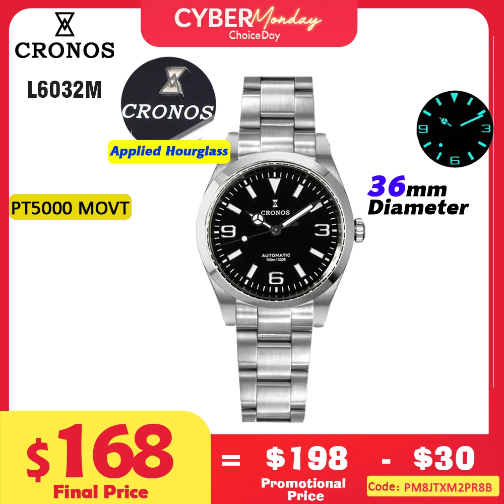 Cronos EX Mechanical Men Watch 36mm PT5000 Automatic Sapphire Glass Bushed Bracelet 10ATM  L6032M