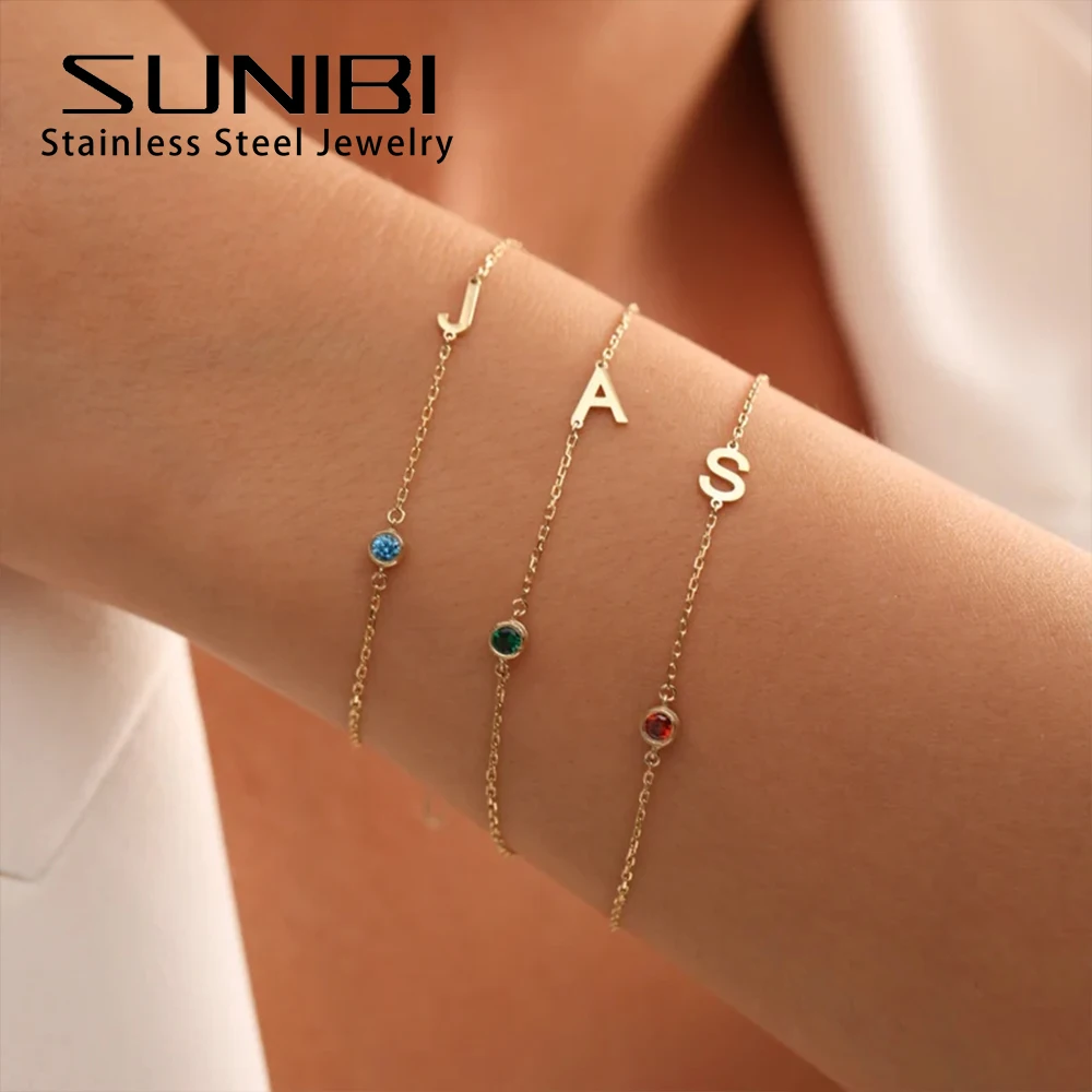 SUNIBI Personalized Birthstone Name Custom Bracelet Stainless Steel Chain Monogrammed 12 Color Charm Bracelet for Women Jewelry