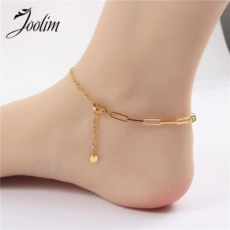 

Joolim Jewelry High End PVD Wholesale No Fade Delicate Splice Mill Chain Small Disc Stainless Steel Anklet For Women