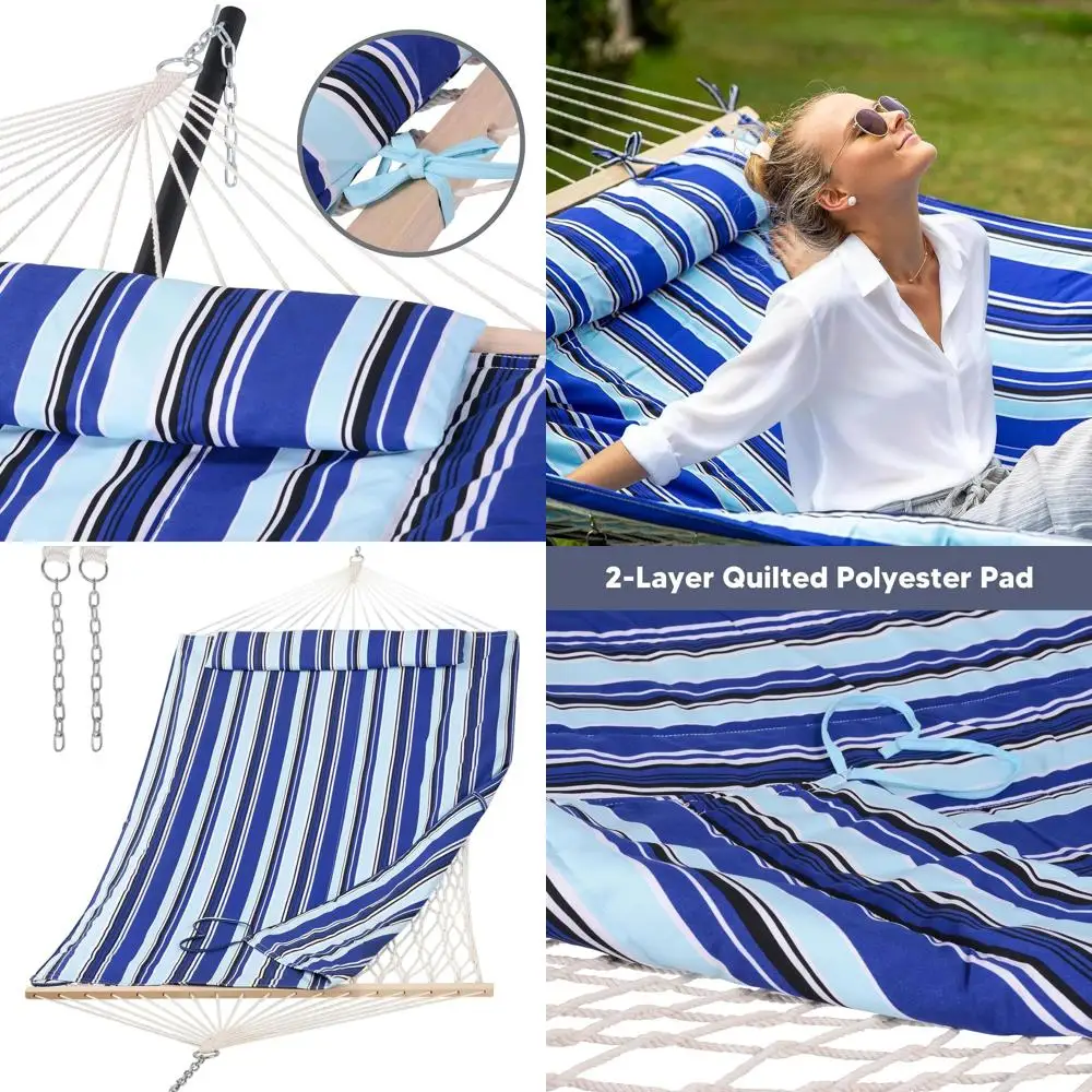 

Blue Striped Outdoor Hammock with Hardwood Bar and Polyester Pad, Holds Up to 475 lbs