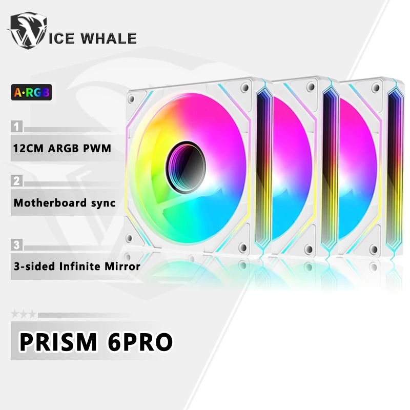 ICE Whale Prism 6PRO PC Case Fan 12cm 3-sided Infinite Mirror 5V 3PIN ARGB Płyta główna Synchronizacja oświetlenia 4PIN PWM Cichy wentylator chłodzący