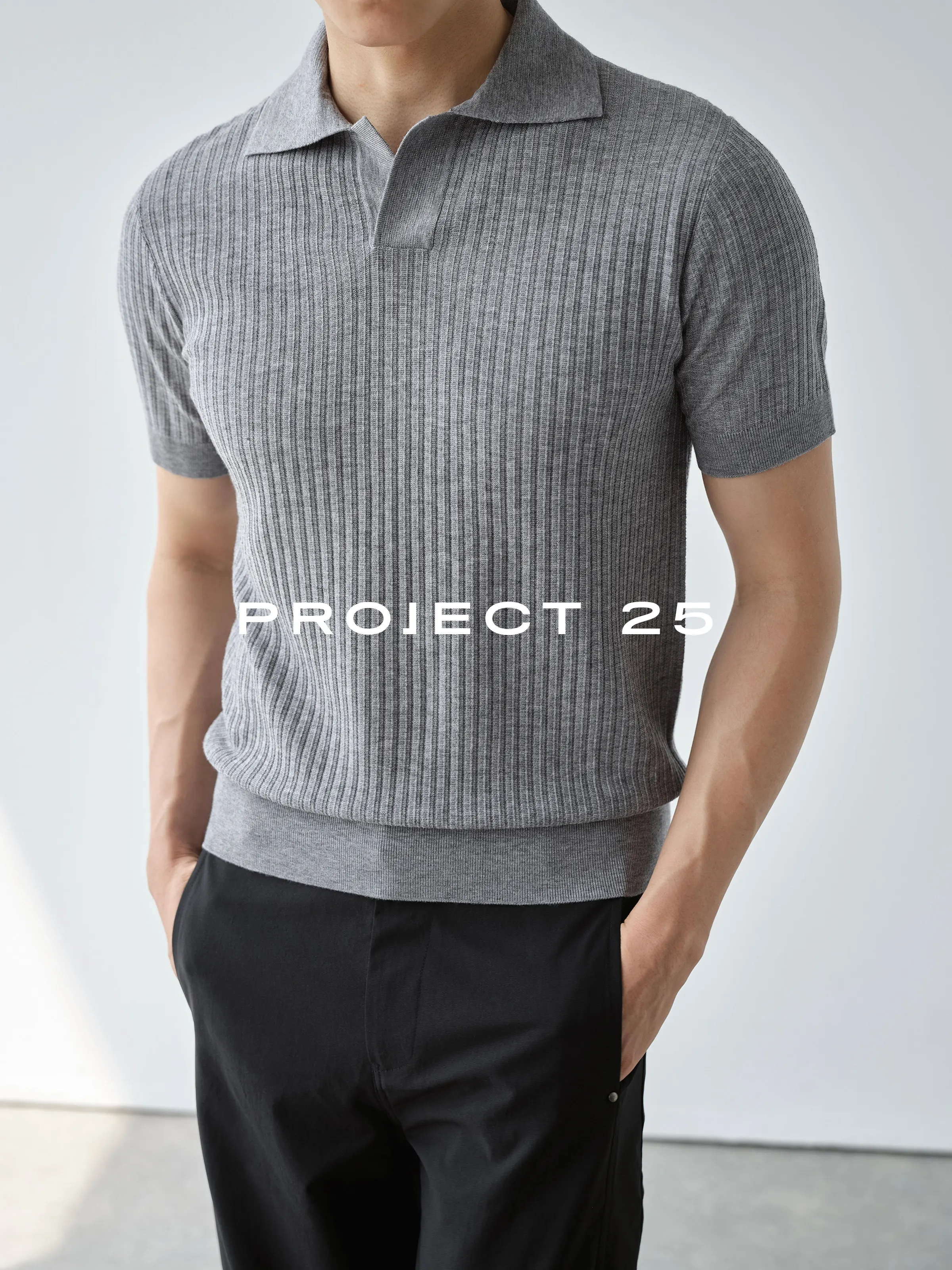 PROJECT 25 Men V Neck Knitted Polo Shirt 18 Gauge High Density Mercerized Wool Blend Lightweight