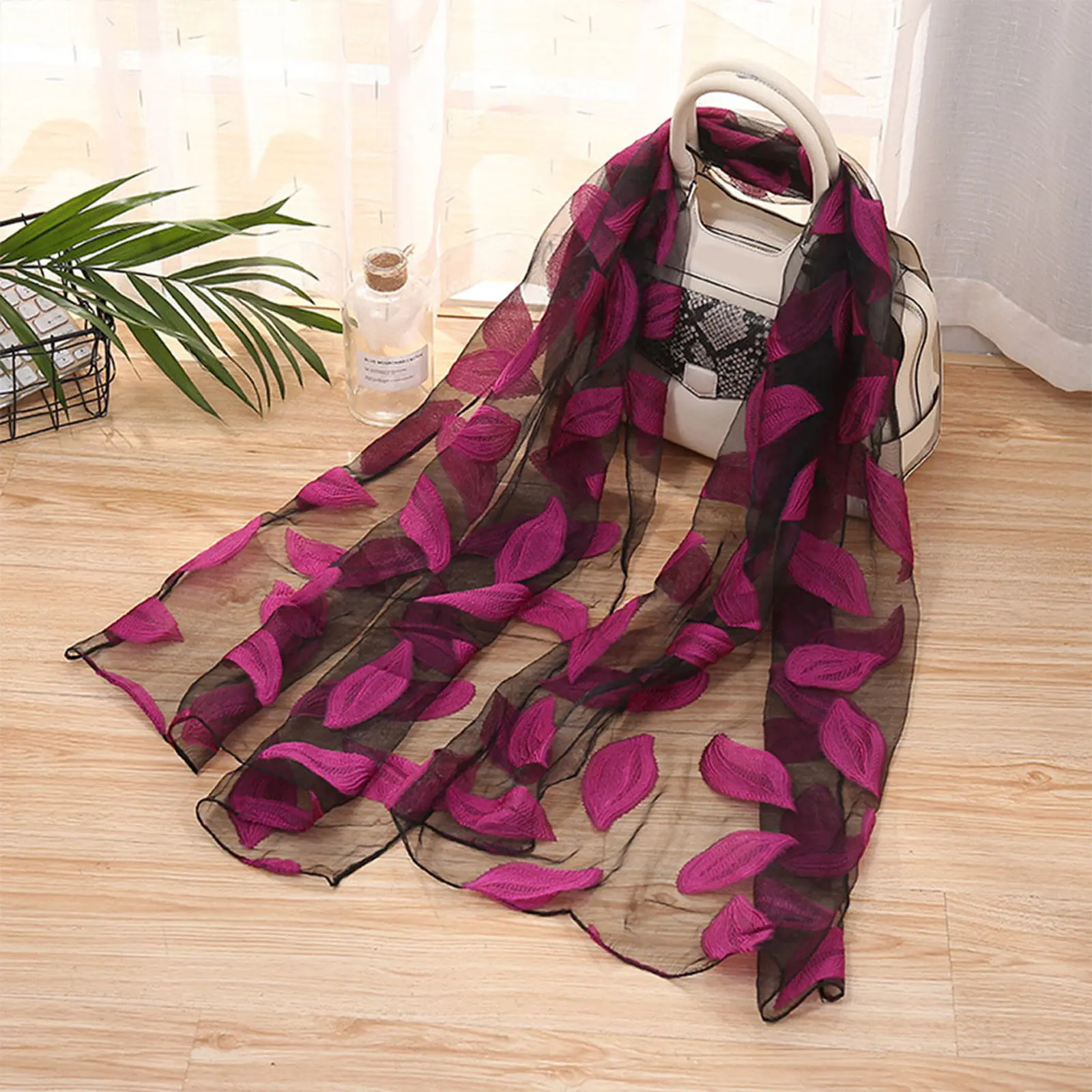 

Pure Color Scarf Lightweight Durable Women Beach Towel Sun Block Cape Leaves Pattern Cloak Summer Accessories