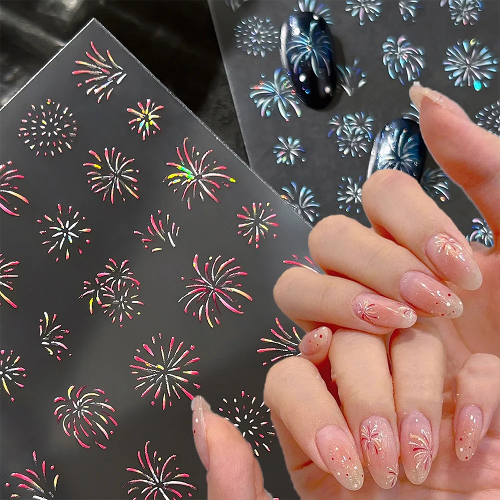 3D Pink Firework Glitter Nail Stickers 3D Self-Adhesive Blooming Firework New Year Festival Nail Sliders DIY Manicure Decoration