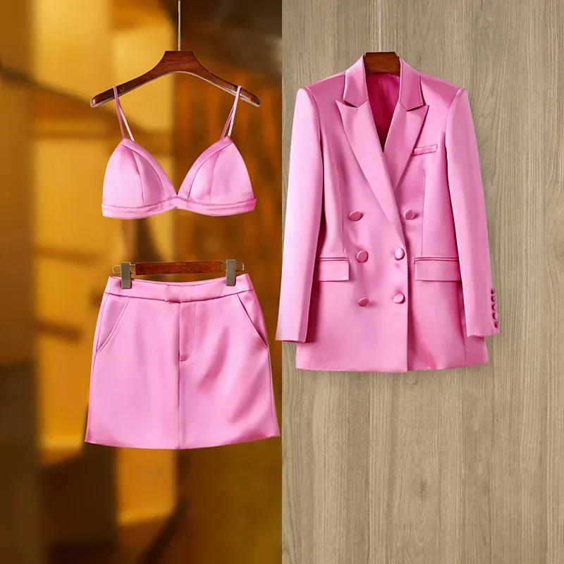 Conjunto de 3 piezas para mujer, chaqueta de boda, sujetador superior y Vestido corto de graduación, abrigo de doble botonadura para primavera y oficina, ropa de trabajo diaria