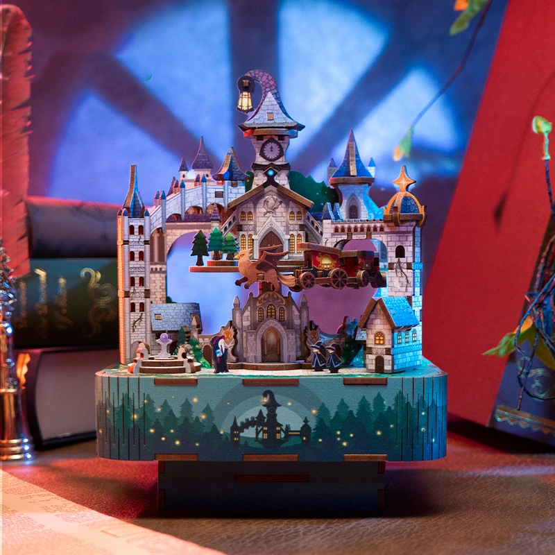 DIY Wooden Magic Castle Music Box Model Building Kits City Street View 3D Puzzle Toys for Children Birthday Gifts Home Decor