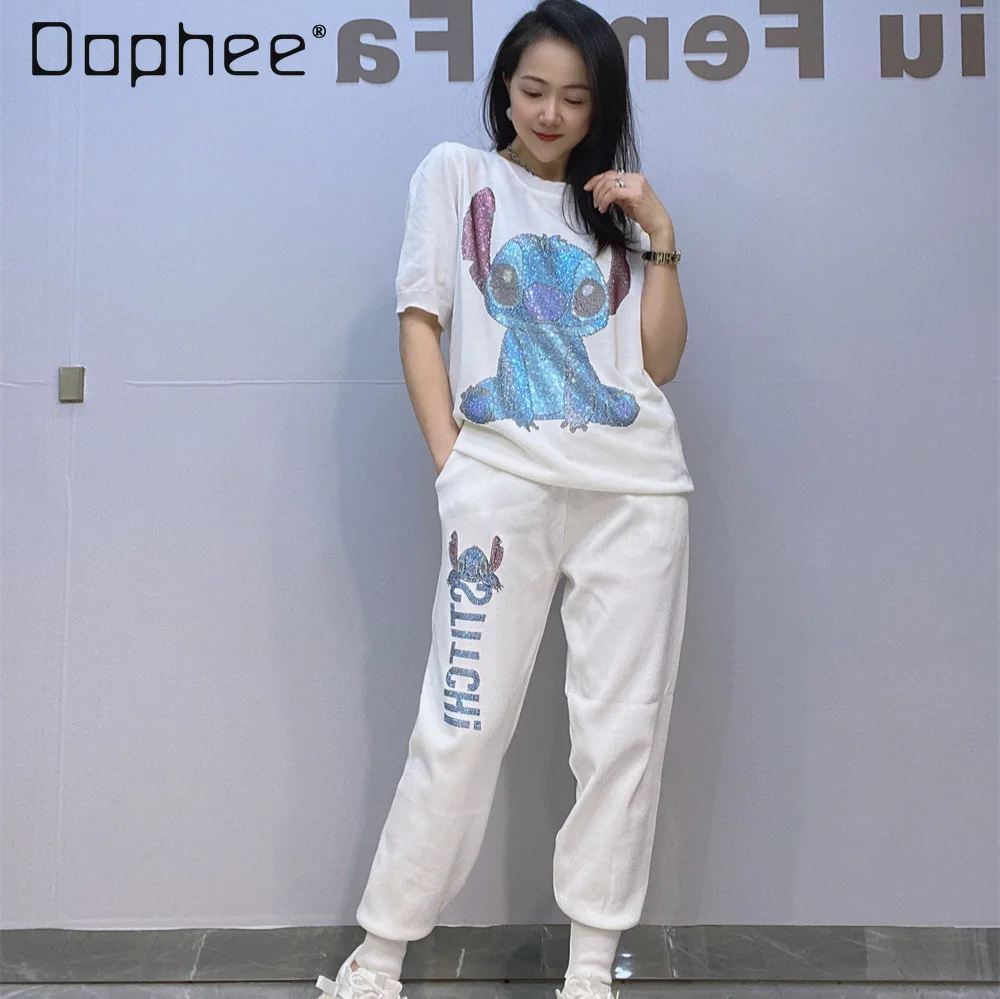 

Fashion Knitted Round Neck Short Sleeve Top and Long Pants Casual Set for Women Spring Summer Rhinestone Two-Piece Sets