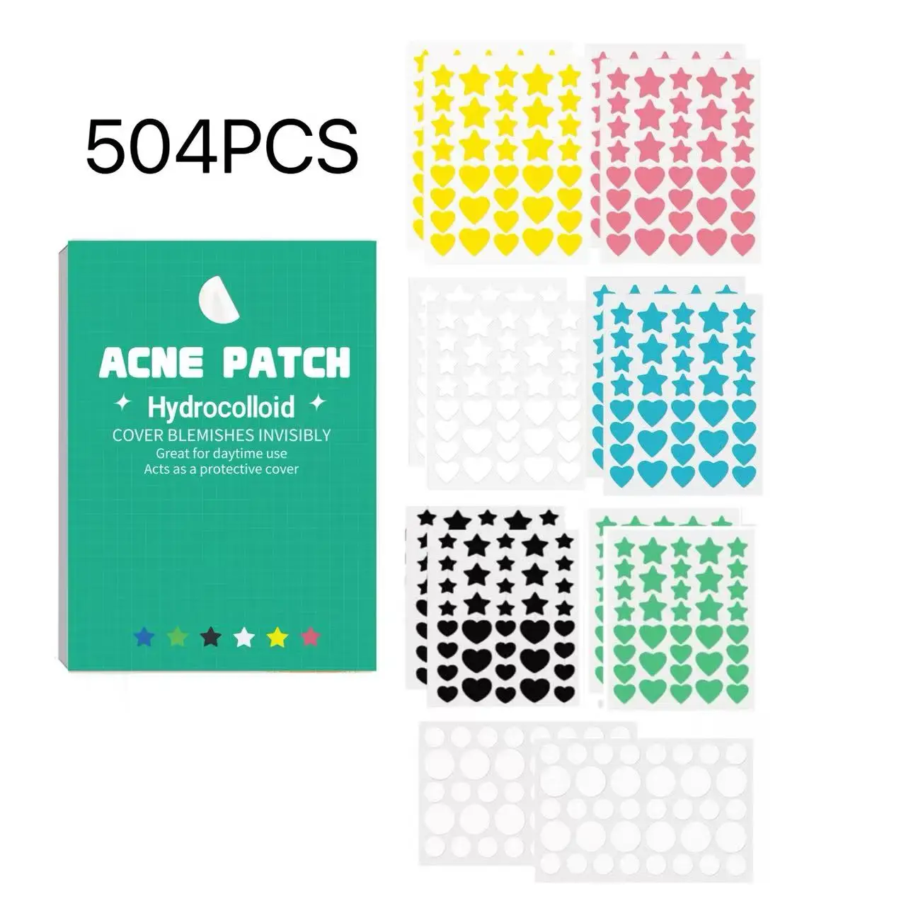 504Pcs Dual Star & Heart Hydrocolloid Acne Patches 6 Multicolor Waterproof Invisible Spot Covers Minimal Solid Mint Green Box L